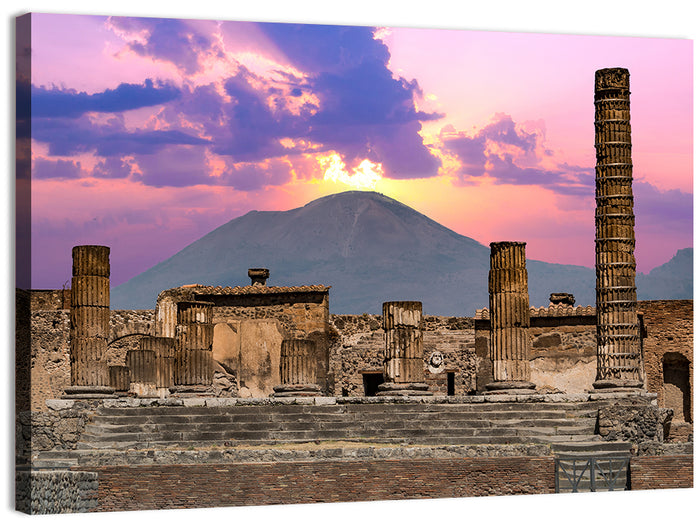 Pompeii Columns at Sunset, Mount Vesuvius Wall Art as a canvas print