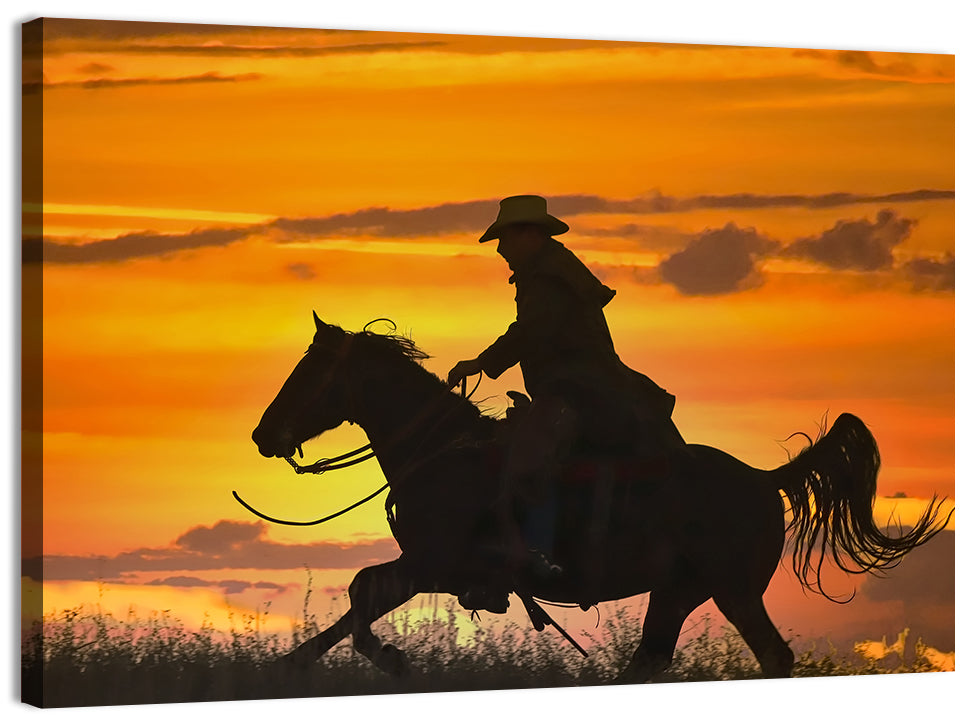 Cowboy and Horse at Sunset Wall Art