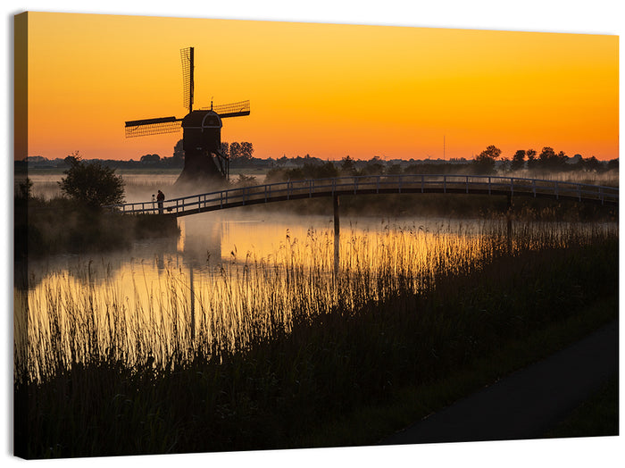 Misty Sunrise Windmill Wall Art as a canvas print