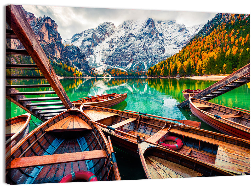 Braies Lake Wooden Stairs and Seekofel Mount Wall Art