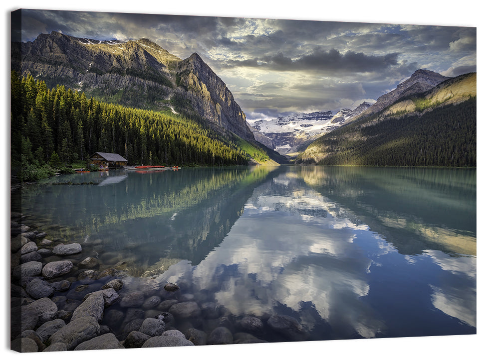 Cloudy Lake Louise Wall Art, canvas print, landscape