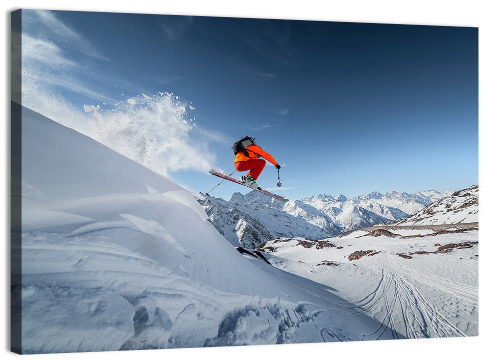 Airborne Skier Over Snowy Mountains Wall Art, canvas print, landscape