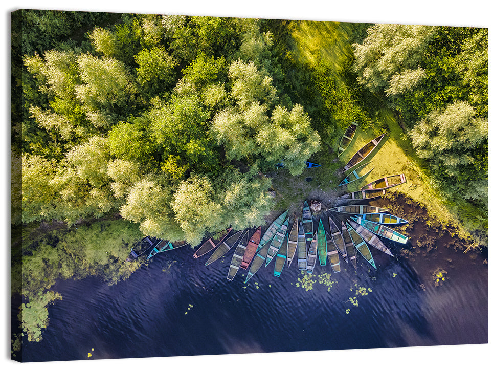 Cluster of Boats Along Forest Shore Wall Art