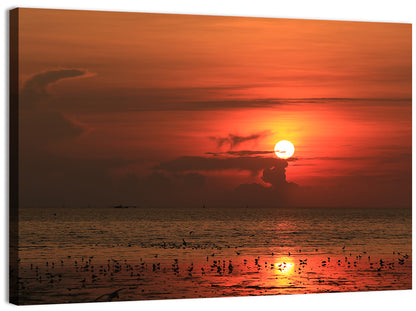 Red Sunrise with Birds Wall Art