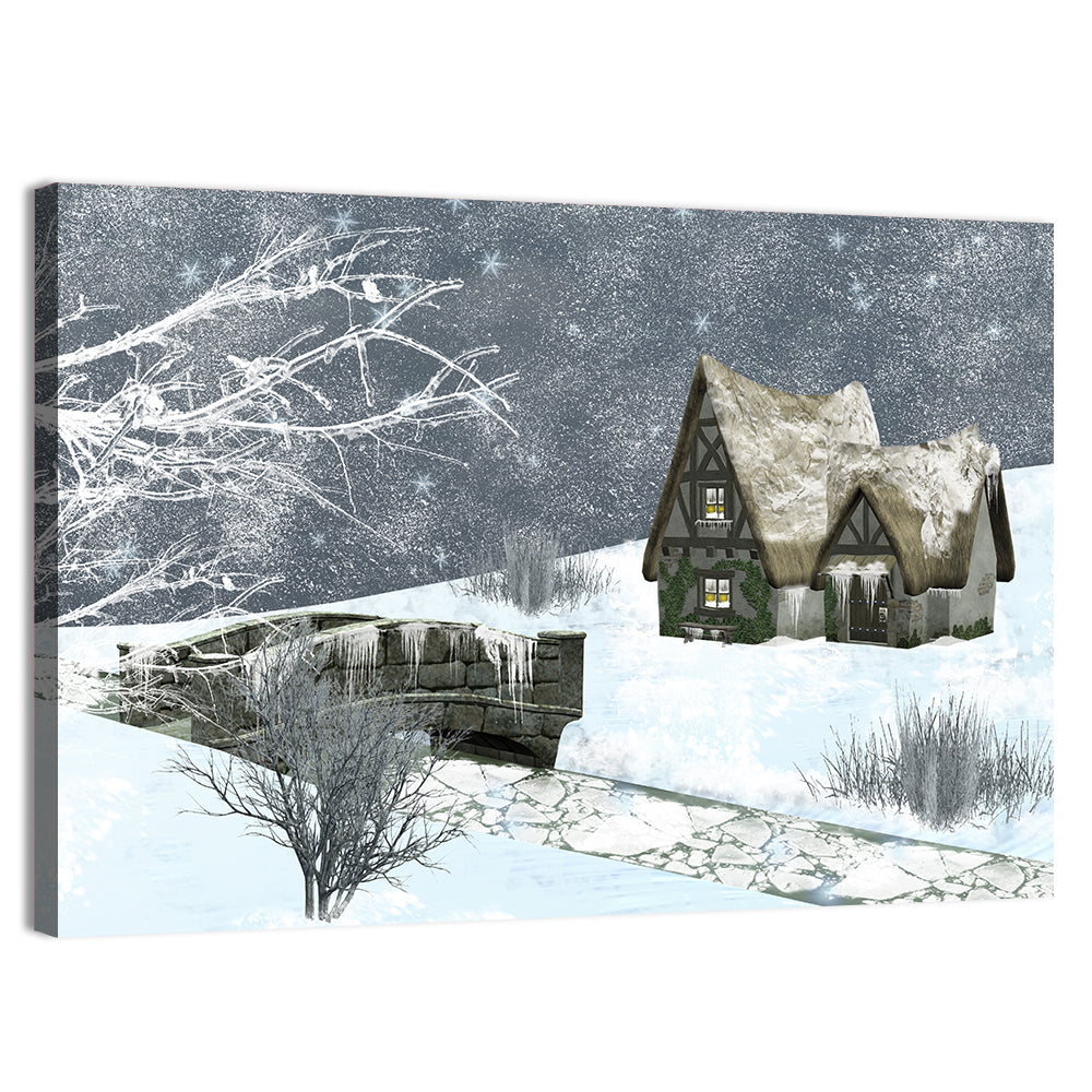 Starry Winter Cottage and Frozen Stream Wall Art, canvas print, landscape