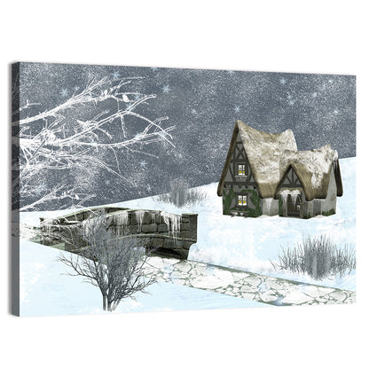 Starry Winter Cottage and Frozen Stream Wall Art