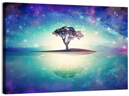 Glowing Island Tree Under Starry Nebula Wall Art