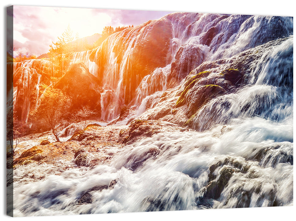 Sunlit Mountain Waterfall Closeup Wall Art, canvas print, landscape
