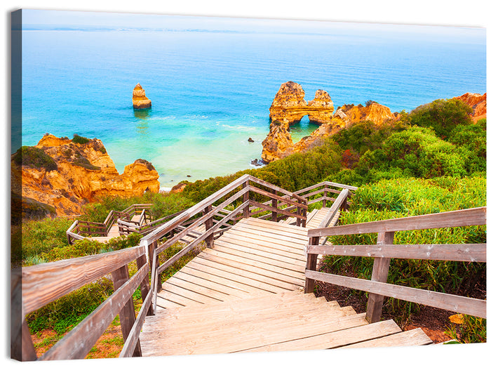 Wooden Stairs to Turquoise Atlantic Cove Wall Art as a canvas print