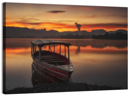 Sunset Fishing Boat on Calm Lake Wall Art