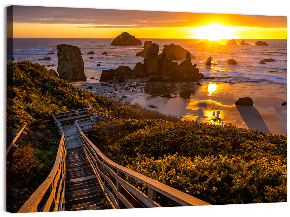 Bandon Beach Sunset Staircase Wall Art, canvas print, landscape