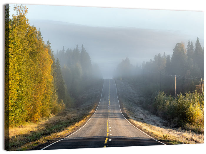 Misty Finnish Forest Highway Wall Art as a canvas print