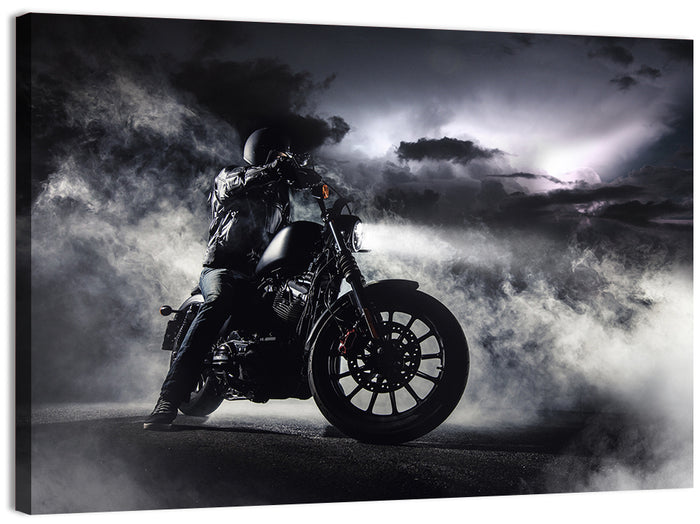 Motorcyclist in Fog at Night Wall Art as a canvas print