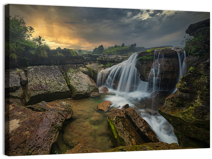 Mossy Rocks Waterfall at Golden Sky Wall Art as a canvas print