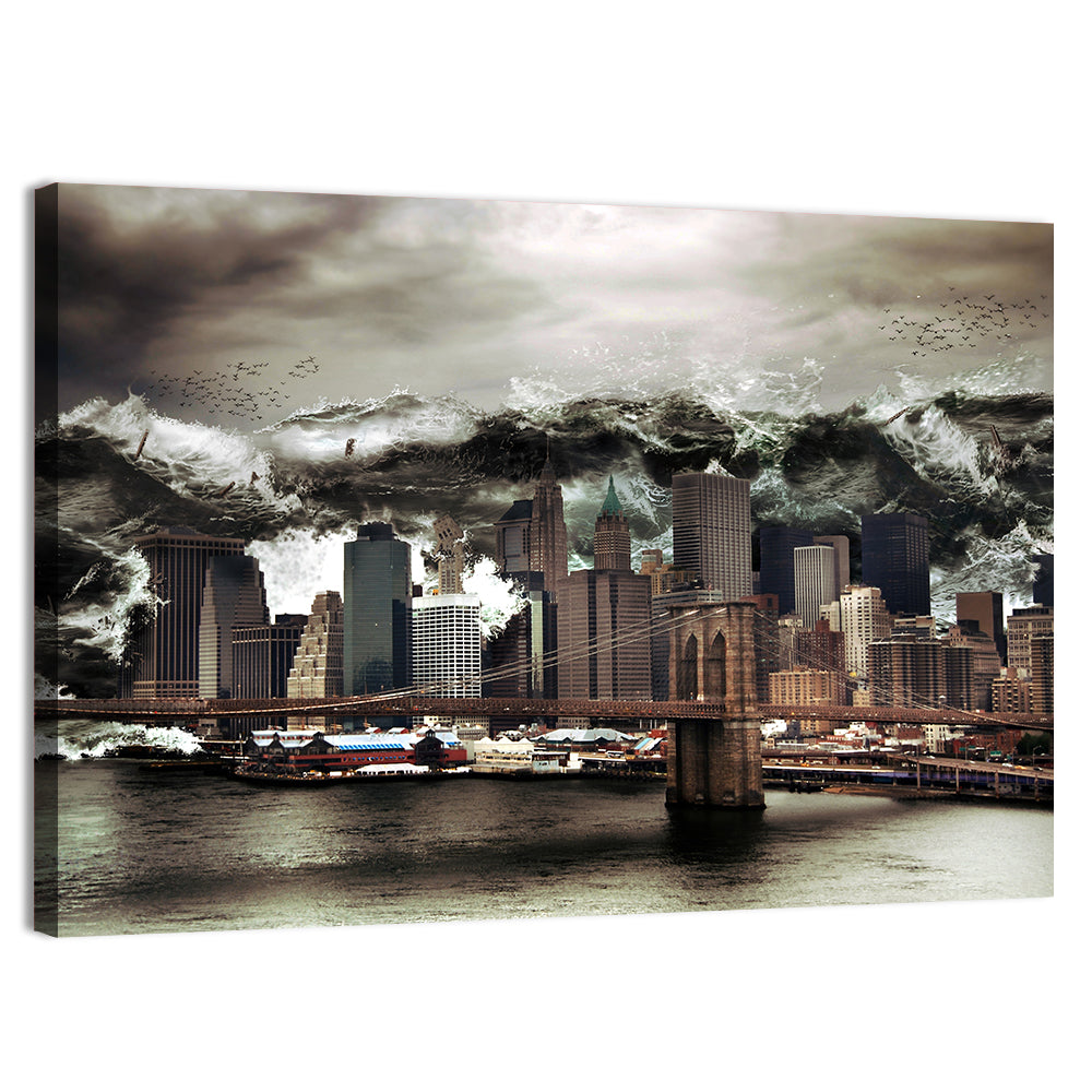 Tsunami Over Manhattan Skyline, Brooklyn Bridge Wall Art