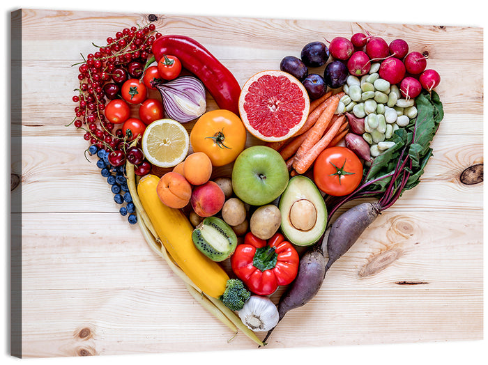 Heart of Fresh Fruits and Vegetables Wall Art as a canvas print