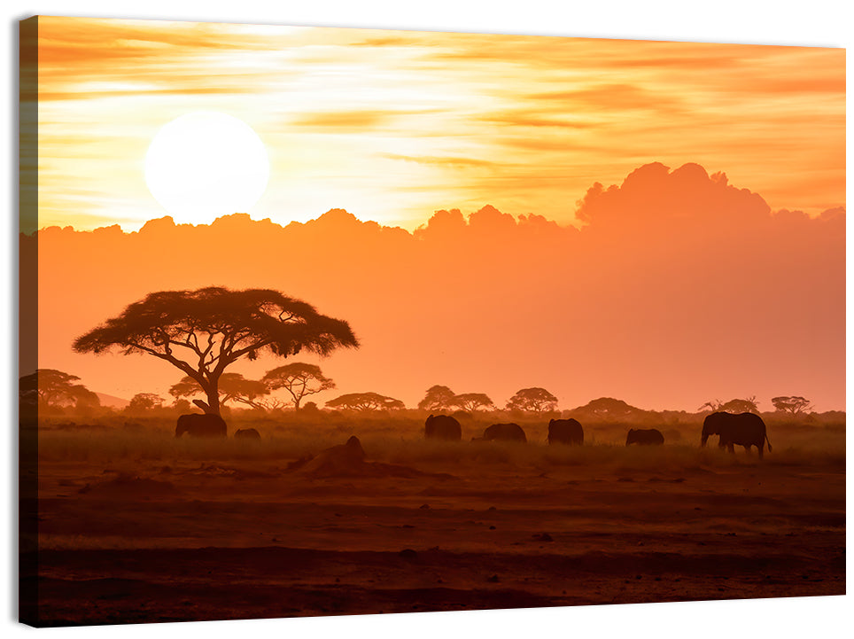 African Elephant Herd at Sunset Wall Art, canvas print, landscape