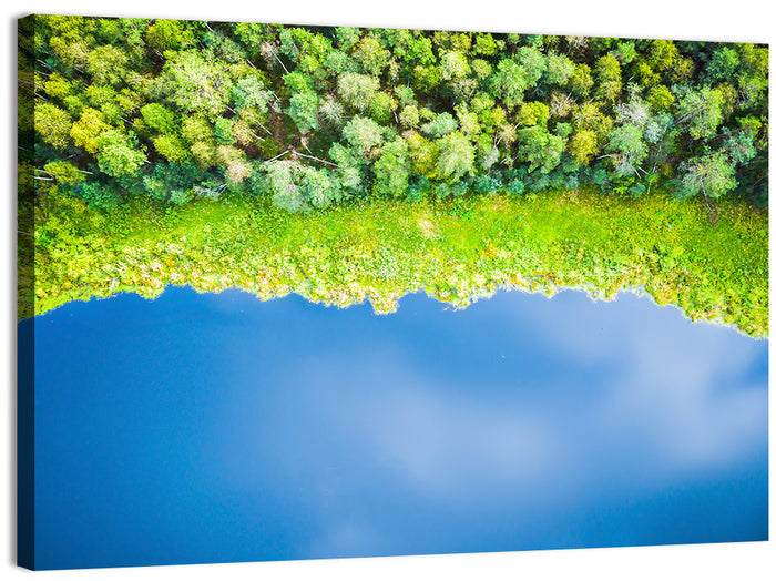 Aerial Blue Lake Over Woodland Wall Art as a canvas print