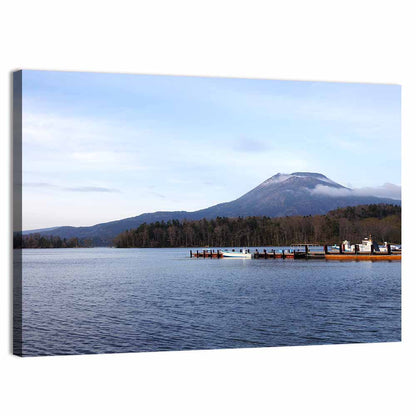 Lake Akan Pier and Snow Capped Peak Wall Art