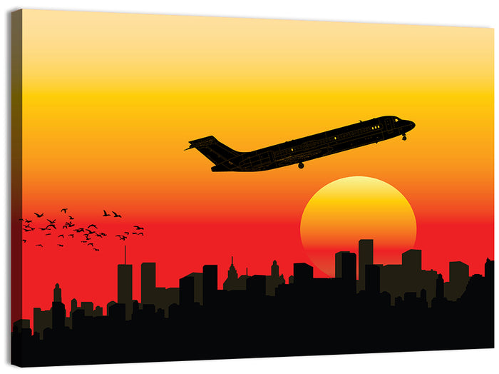 Airplane Over Sunset Skyline Wall Art as a canvas print