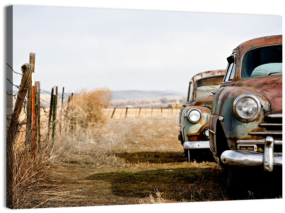Abandoned Rusty Vintage Cars Behind Barbed Wire Wall Art