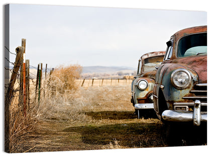 Abandoned Rusty Vintage Cars Behind Barbed Wire Wall Art
