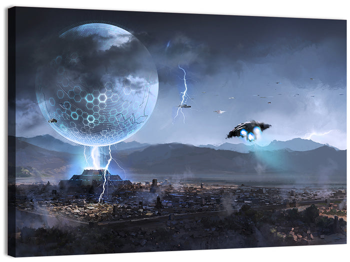 Alien Planet Cityscape with Spaceships Wall Art as a canvas print