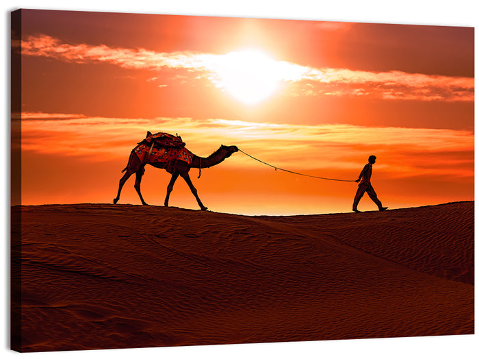 Man Leading Camel at Dusk Wall Art as a canvas print