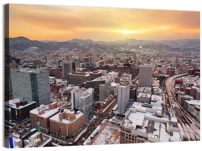 Sapporo Station Skyline at Golden Hour Wall Art as a canvas print