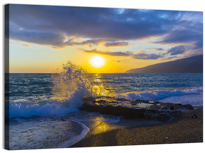 Crashing Wave at Golden Sunset Wall Art