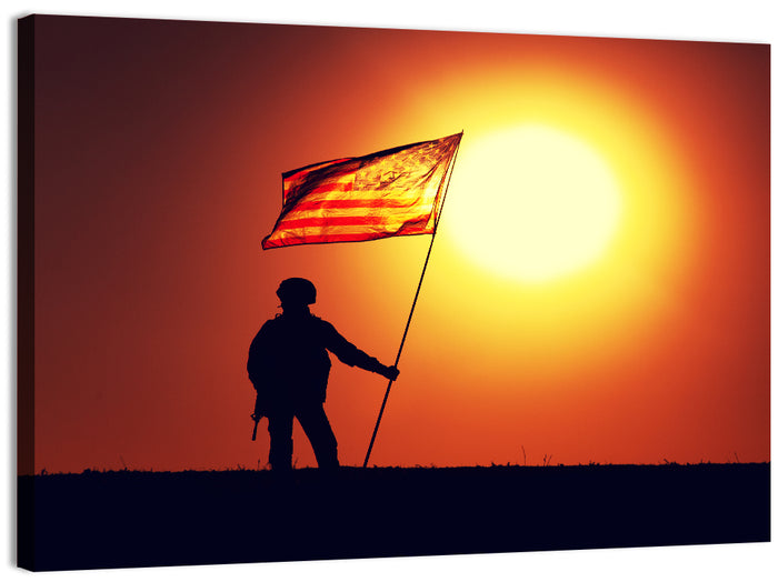 Soldier Silhouette with American Flag Wall Art as a canvas print