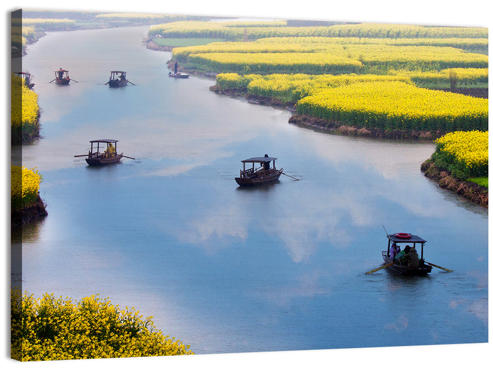 Spring River Rowboats in Rapeseed Fields Wall Art, canvas print, landscape