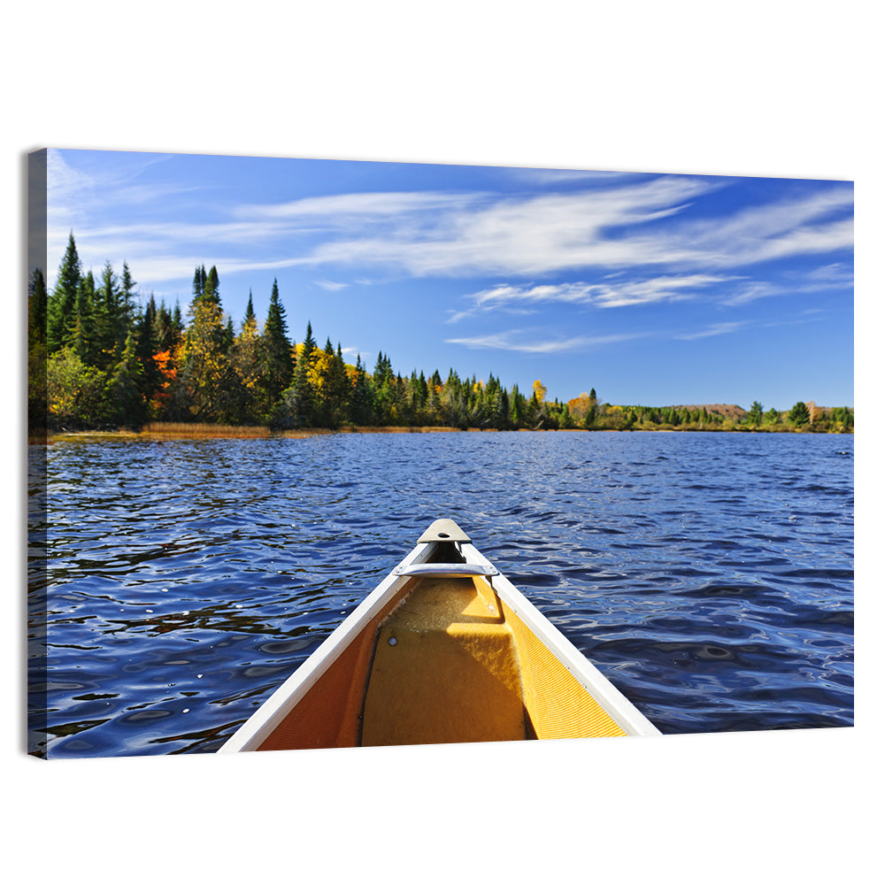 Yellow Canoe Bow on Blue Lake Wall Art, canvas print, landscape
