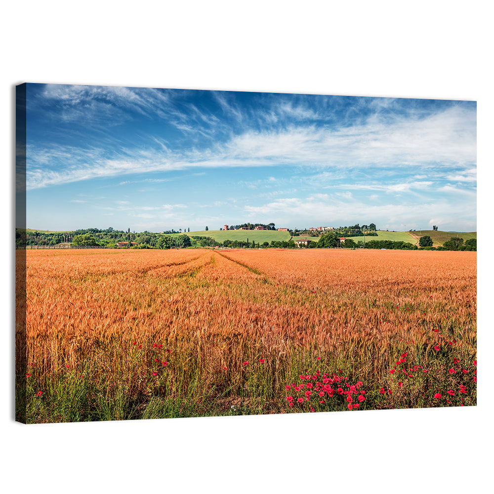Golden Wheat Field with Poppies Wall Art, canvas print, landscape