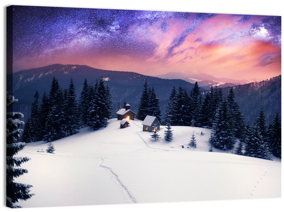 Starry Winter Cabins Under the Milky Way Wall Art, canvas print, landscape