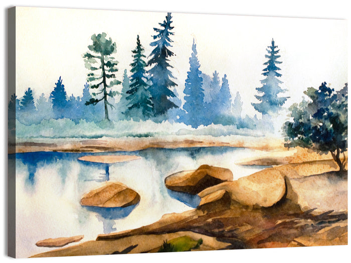 Misty Pine Stream Wall Art as a canvas print