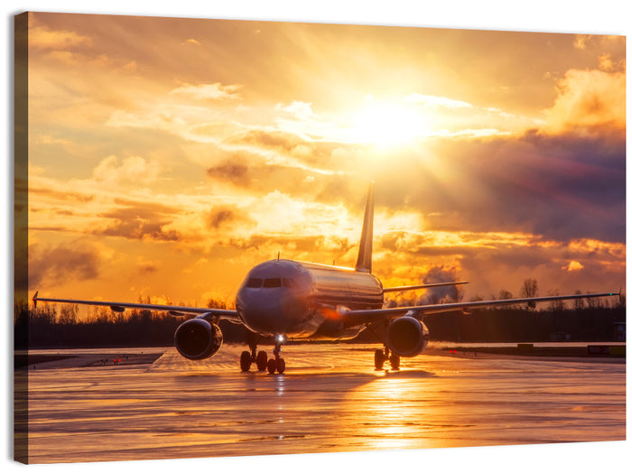 Golden Hour Airliner on Wet Runway Wall Art as a canvas print