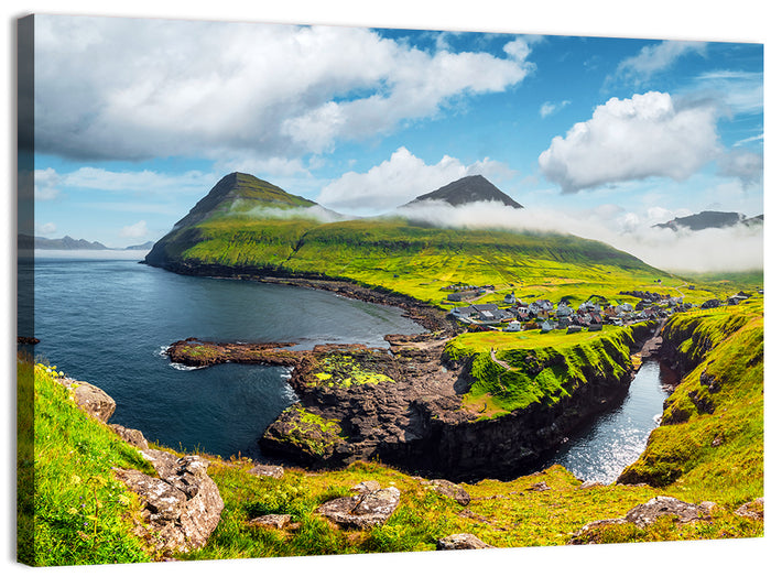 Gjógv Harbor Coastal Village Wall Art as a canvas print