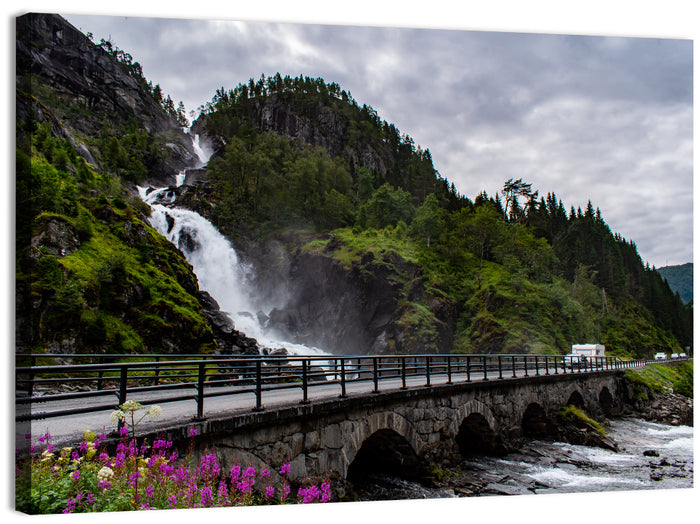 Låtefossen Stone Bridge and Waterfall Wall Art as a canvas print