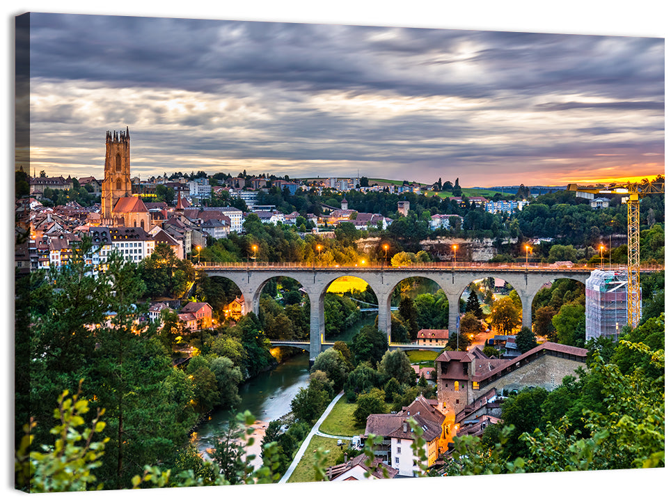 Zähringen Bridge at Twilight, Fribourg Wall Art, canvas print, landscape