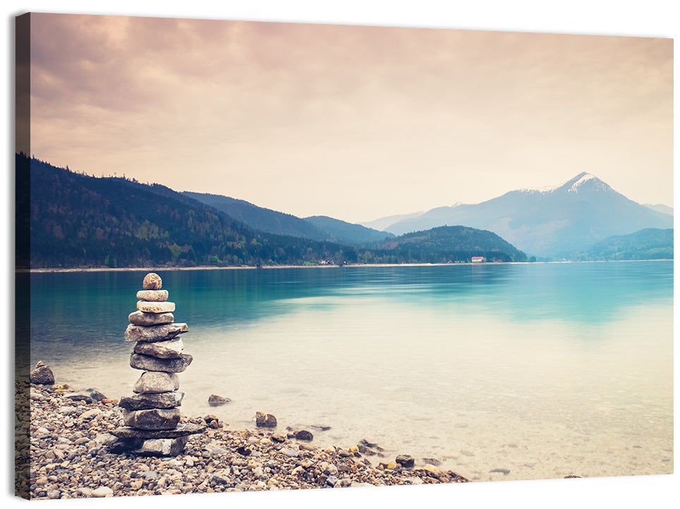 Stone Cairn by a Mountain Lake Wall Art, canvas print, landscape