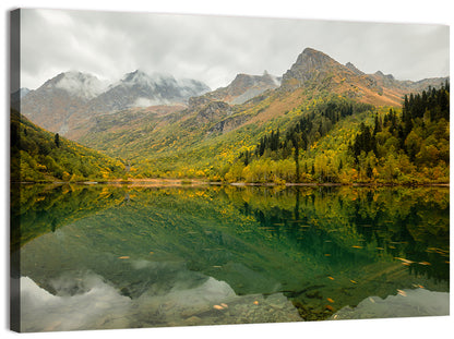Kardyvach Lake Reflection Under Clouded Peaks Wall Art