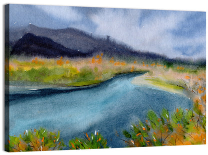 Misty Autumn River and Mountain Landscape Wall Art