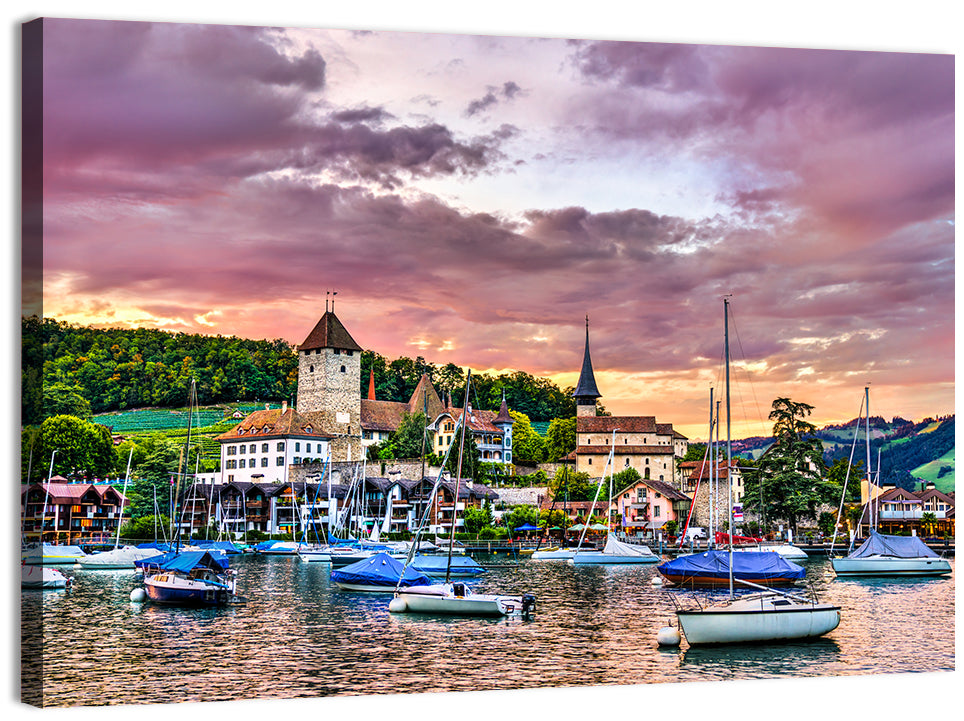 Spiez Castle Harbor Sunset Wall Art