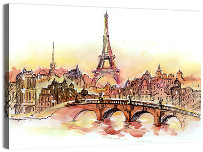 Eiffel Tower Watercolor at Dusk Wall Art