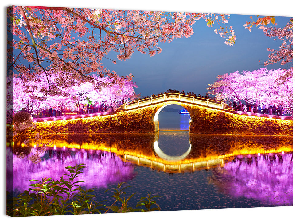 Illuminated Cherry Blossom Bridge Wall Art, canvas print, landscape