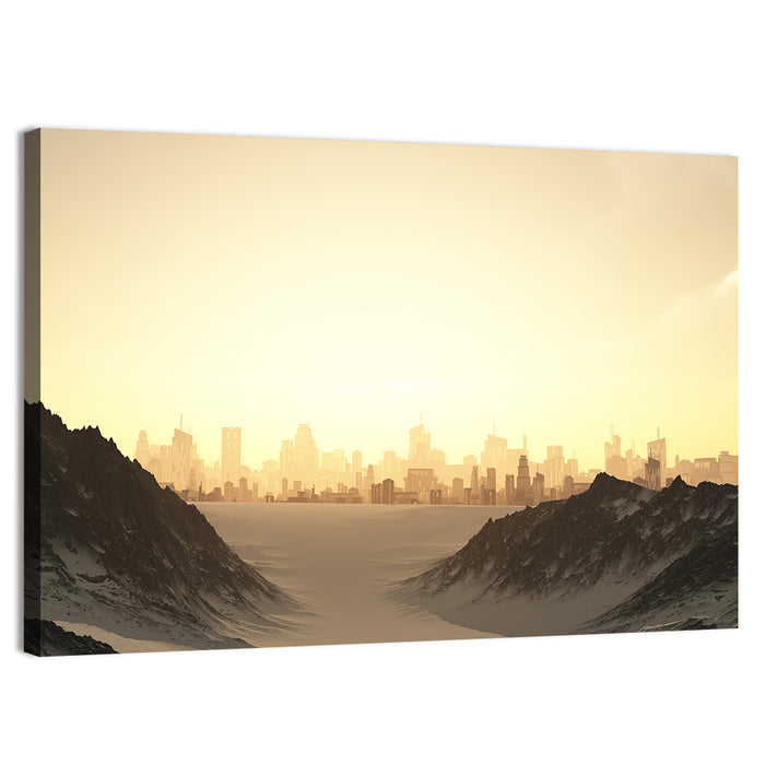 Futuristic City Sunset Wall Art as a canvas print
