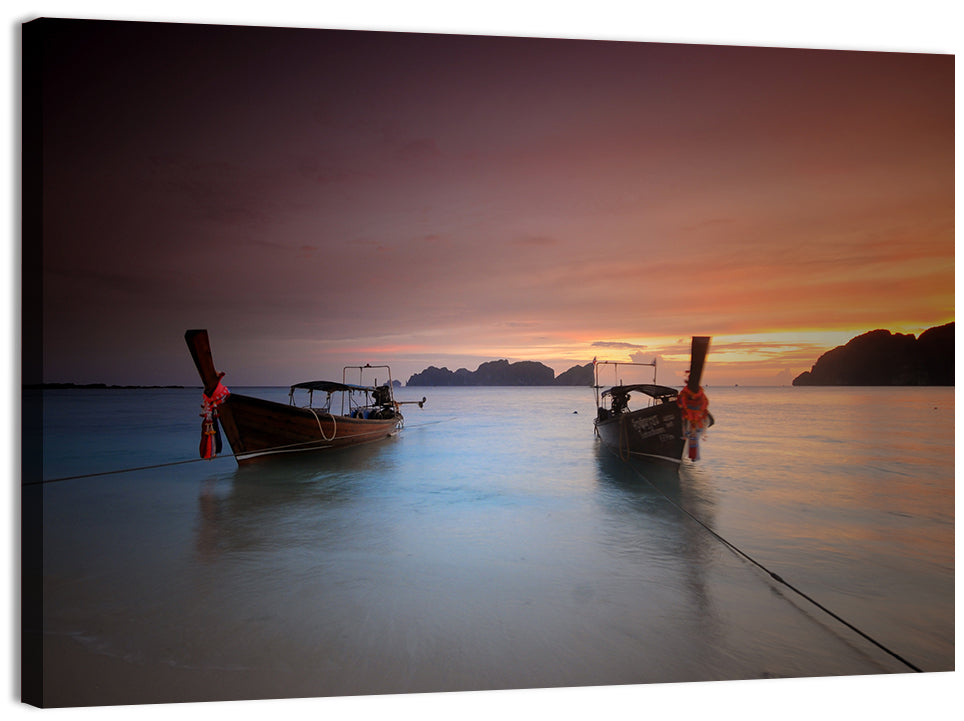 Phi Phi Longtail Boats at Golden Hour Wall Art, canvas print, landscape