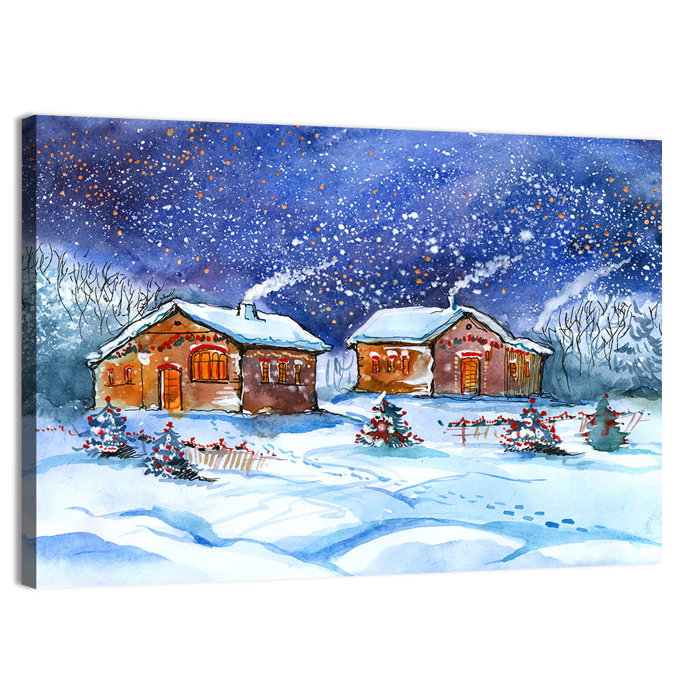 Starry Winter Village Wall Art, canvas print, landscape