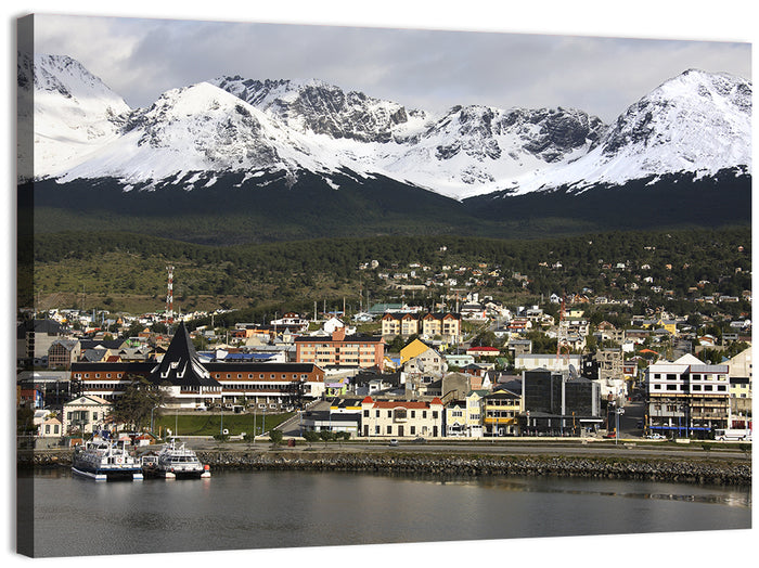 Ushuaia Harbor and Snowcapped Mountains Wall Art as a canvas print